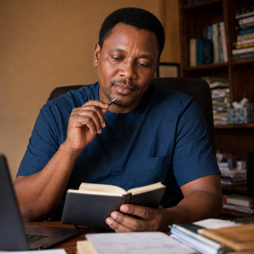 Emeka reviewing his notes