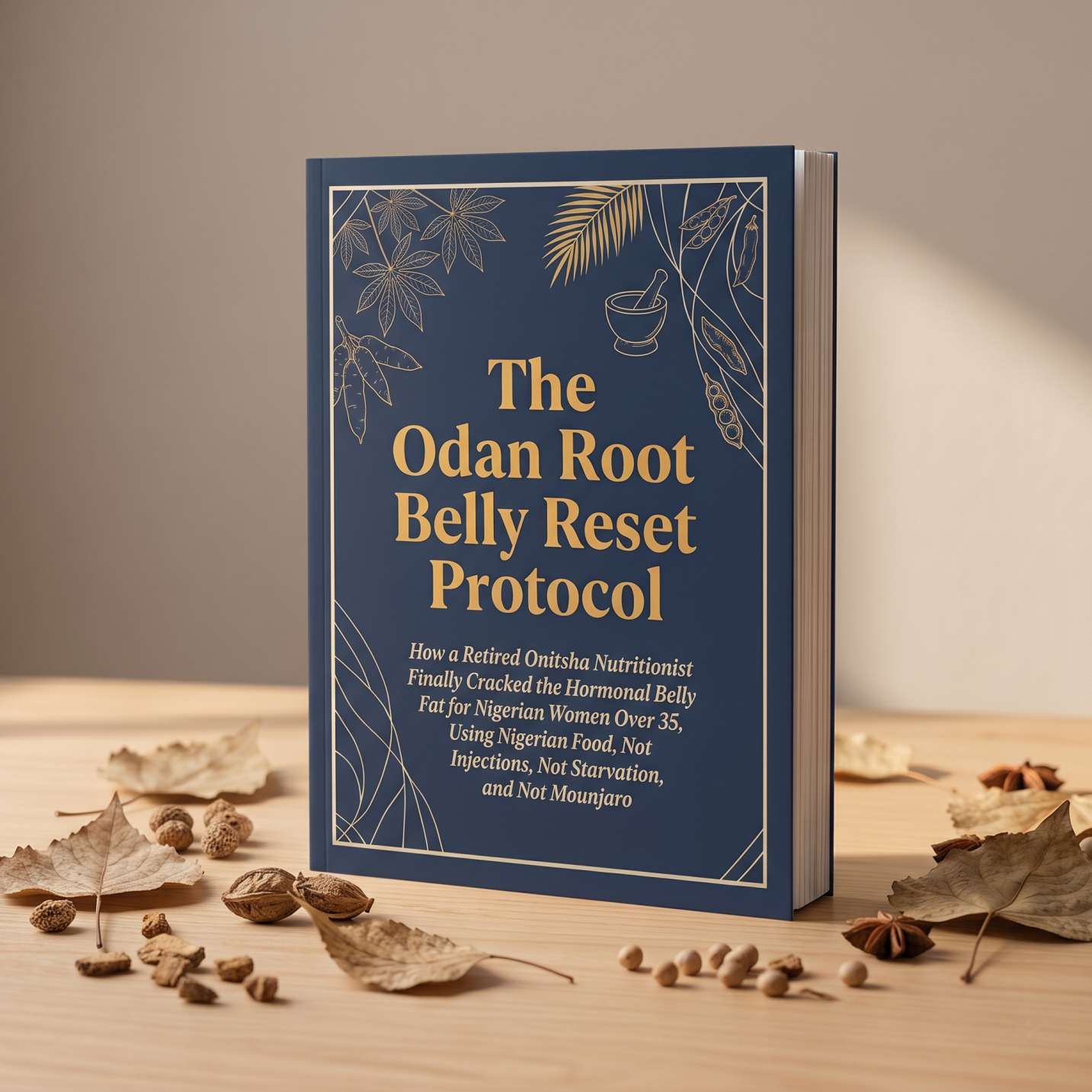 The Odan Root Belly Reset Protocol book cover mockup, navy and gold