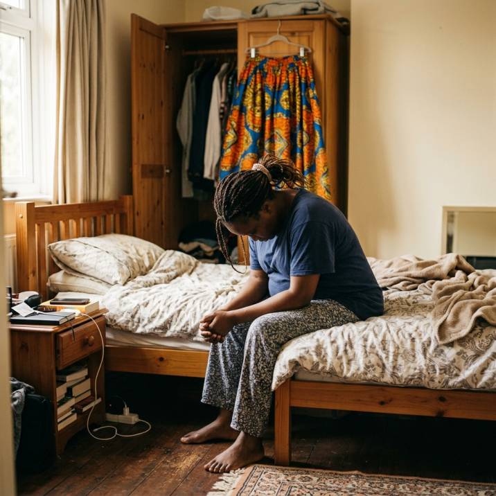 Nigerian woman sitting on the edge of her bed, exhausted, dealing with belly fat after 40