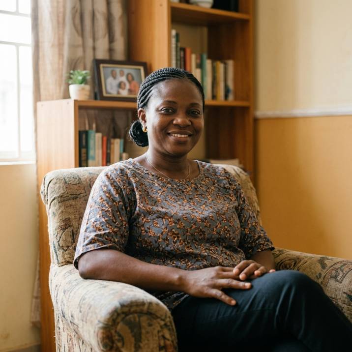 Chisom, a Nigerian woman in her 40s, sitting in her living room